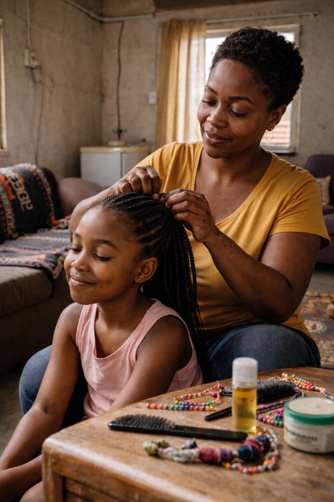 A mother braiding her daughter's hair, symbolizing care, community, and skill